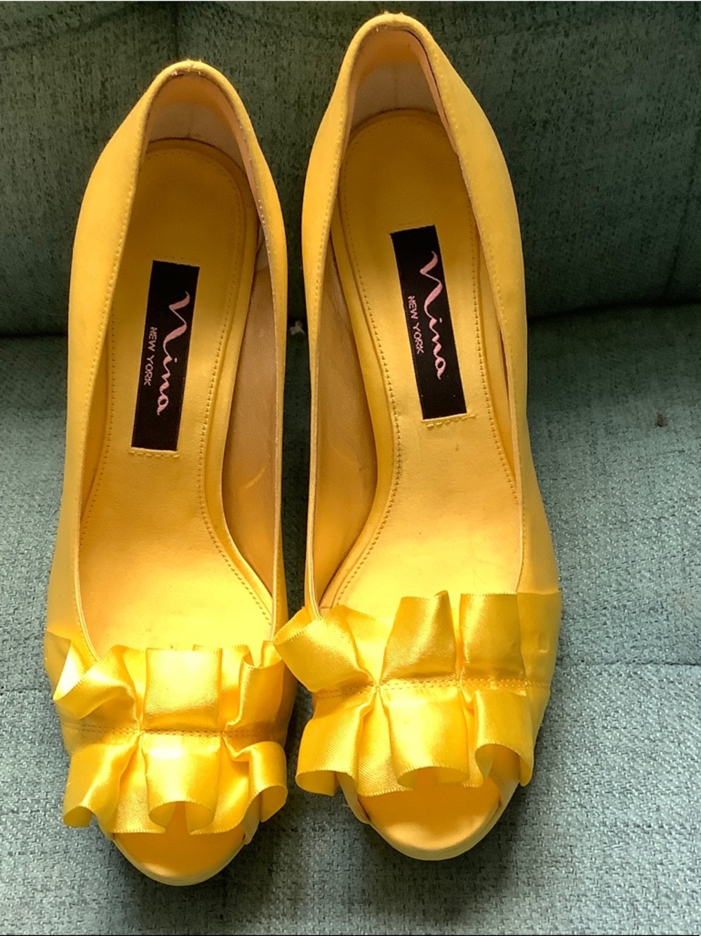 Nina Shoes Yellow Satin Peep-Toe Ruffle Pumps